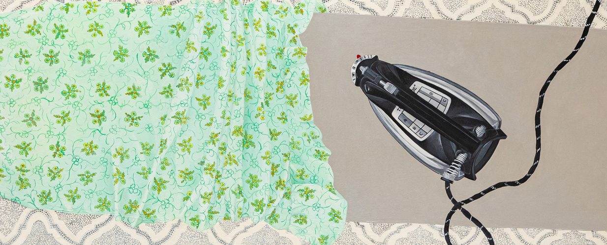 image is a painting by Bernice Vincent, it shows an overhead view of an ironing board with a green cotton nightgown and a black and silver iron. the floor beneath/behind the ironing board is a classic late 60s pattern familiar to many. the painting is very detailed realism